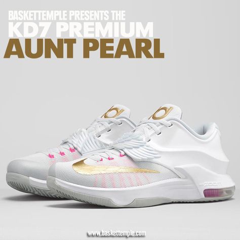 KD7 PREMIUM 'AUNT PEARL' $170 FEB 19 LAUNCH:  THURSDAY, FEBRUARY 19, 2015 - 10:00 AM EST White/Pink Pow/Pure Platinum/Metallic Gold 706858-176 Sizes: 7-13, 14, 15 go to www.baskettemple.com Kd Aunt Pearl, Best Volleyball Shoes, Volleyball Shoes, February 19, Student Teacher, Custom Shoes, Workout Wear, Metallic Gold, Cute Shoes