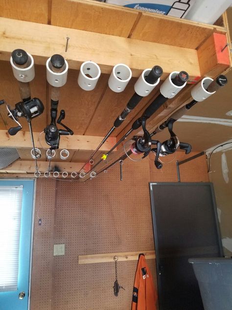 Fishing Pole Storage Diy, Garage Fishing, Diy Fishing Rod Holder, Fishing Pole Rack, Diy Fishing Rod, Fishing Pole Storage, Fishing Gear Storage, Fishing Pole Holder, Fishing Storage