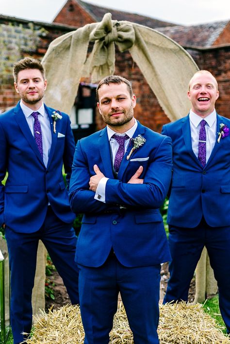 Idea for groomsmen Blue And Purple Groom Suit, Blue Suit Purple Tie Wedding, Navy Suit Purple Tie, Royal Blue Groomsmen Attire, Blue Suit Groomsmen, Groomsmen Purple, Wedding Blue Suit, Groomsman Attire, Faithful Man