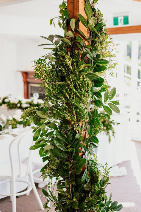 Greenery Columns Wedding, Greenery Pillars Wedding, Greenery On Beams Wedding, Tent Pole Greenery, Marquee Greenery, Pillar Decor, Wedding Pillars, Wedding Glamour, Love Birds Wedding