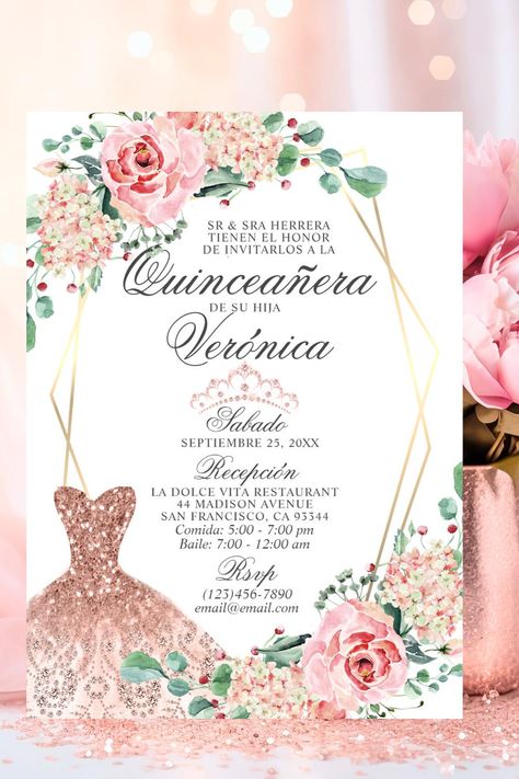 Elegant Watercolor Pink Spanish Quinceañera Quince Invitation Quince Invitations, Elegant Watercolor, Quinceanera Invitations, Custom Cards, Sticker Shop, Quince, Quinceanera, Floral, Pink