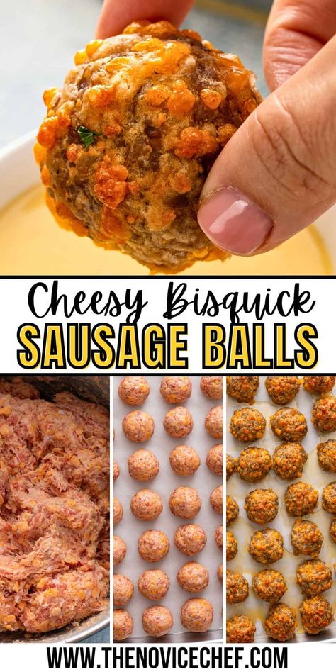 This easy Bisquick sausage ball recipe is the perfect make-ahead party appetizer your friends and family won't be able to resist! Deliciously cheesy and packed with savory ground sausage, they are easily whipped together with just a few simple ingredients and minimal prep. #AppetizerRecipes #PartyFood Bisquick Sausage Balls, Sausage Ball Recipe, Easy Sausage Balls Recipes, Bisquick Sausage, Bite Size Breakfast, Sausage Ball, Sausage Balls Bisquick, Sausage Cheese Balls, Homemade Bisquick