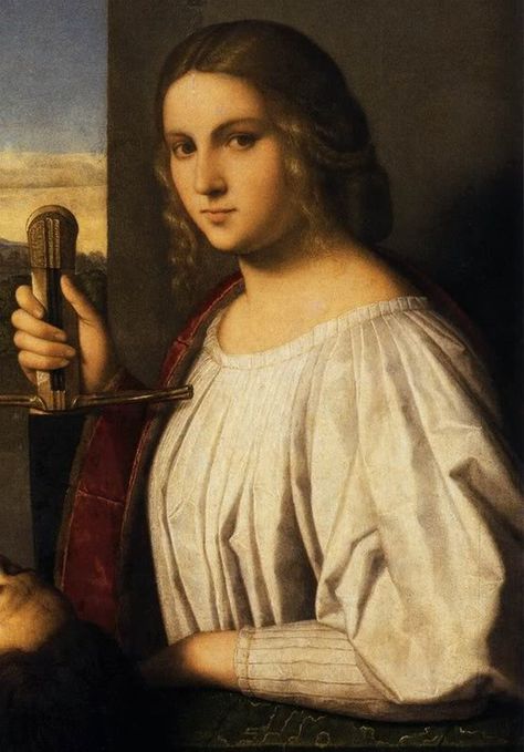 The first painting is by Vicenza Catena from the 1520's. The interesting part about it is that it highly echoes the construction / silhouette of the outer garbs of the time. The sleeve is full, but the lower sleeve is pleated down to allow a narrow lower sleeve of the petticoat. The fullness is kept at the upper sleeve, as the petticoat would have had. The neckline is semi-high, rounded and pleated in what looks like fine knife pleats all the way around. Judith And Holofernes, Angry Women, Istoria Artei, Italian Painters, Woman Painting, Historical Fashion, Classic Art, Art History, A Man