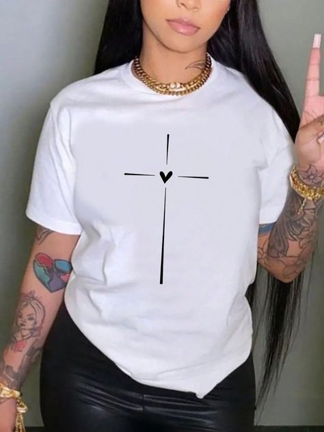 White Casual Collar Short Sleeve Fabric Heart  Embellished Slight Stretch Summer Women Plus Clothing Urban T Shirt Design, Simple Tshirt Design Ideas, Simple Tshirt Design, Cricut Clothing, Heart And Cross, Christian Clothing Brand, Christian Tee Shirts, Christian Shirts Designs, Womens T Shirts