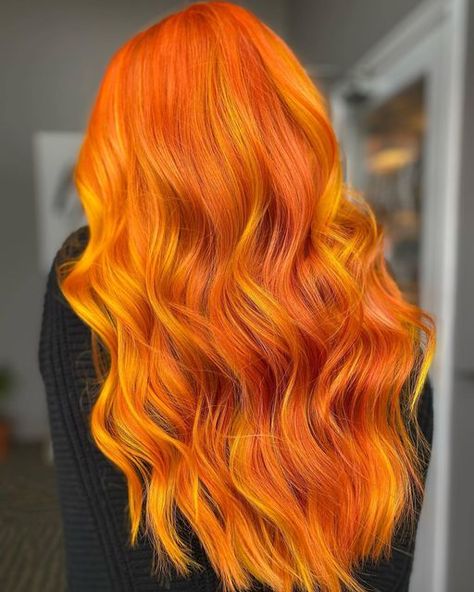 Yellow Hair Ideas, Pumpkin Orange Hair, Orange Halo Hair, Orange And Yellow Hair, Yellow Orange Hair, Bright Orange Balayage, Orange Hair Bright, Vivid Hair Color Orange, Fire Hair Color