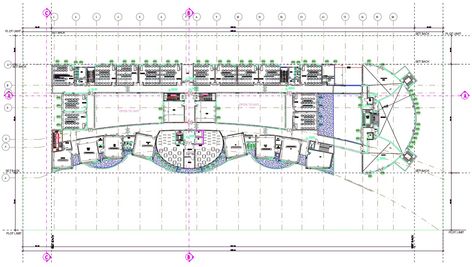 AutoCAD drawing of university floor plan design that shows class rooms, open to sky space, and center line plan with all furniture layout design. download university plan design DWG file. University Floor Plan, University Plan, Library Plan, First Floor Plan, Elevation Drawing, University Architecture, Drawing Block, Floor Plan Layout, Plan Drawing