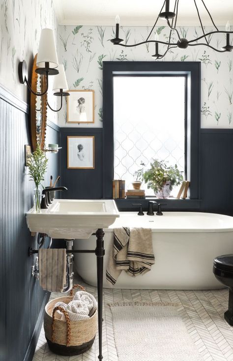 5 of My Favorite Blogger's Airbnb Renovations! - I SPY DIY Small Bathroom Design With Wallpaper, Early 1900s Bathroom, Victorian Red Room, I Spy Diy, Bathroom Window, Hallway Bathroom, Bad Inspiration, One Room Challenge, Downstairs Bathroom