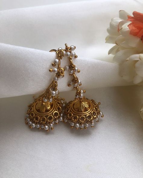 Silver with Gold Polish Earrings From 'House of Taamara' • South India Jewels Wedding Jewellery Collection, Wedding Jewellery, South India, Gold Polish, Indian Jewellery, Gold Plated Earrings, The Gold, Jewellery Collection, Gold Plated Silver