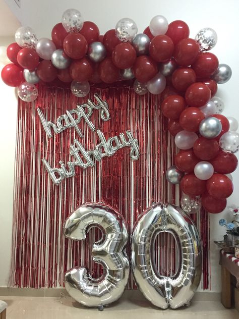 Red Birthday Decoration Ideas, Birthday Simple Decoration, Red And Silver Birthday Decorations, Red And Silver Balloons, Red And White Birthday Party Decorations, Red And Silver Decorations, Red Birthday Backdrop, Red Birthday Decorations, Birthday Decor For Him