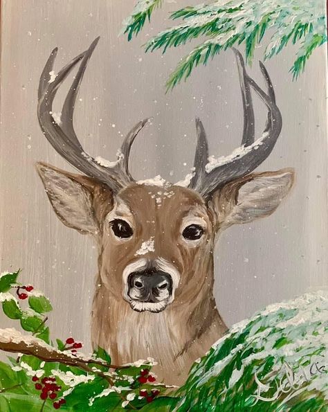 Wildlife Paintings Acrylics Easy, Acrylic Christmas Paintings On Canvas, Acrylic Painting Ideas Christmas, How To Paint A Deer, Christmas Deer Painting, Reindeer Paintings, Deer Painting Easy, Deer Painting Acrylic, Dear Painting Easy