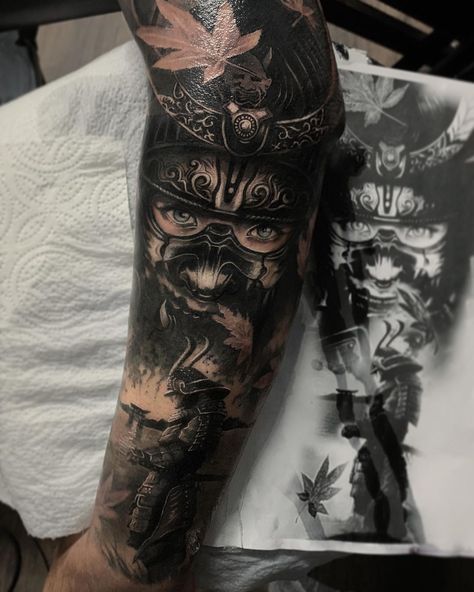 Samurai for Darren 🍁 thank you  Sponsored by  @worldfamousink  @inkbooster  @swashdrive_tattoo_official  @ghostcartridges  @stencilstuff Samurai Tattoo On Leg, Samurai Leg Tattoo Men, Women Samurai Tattoo, Japanese Forearm Tattoo For Men, Samurai Forearm Tattoo, Samurai Sleeve, Jacob Tattoo, Japanese Forearm Tattoo, Samurai Tattoo Sleeve