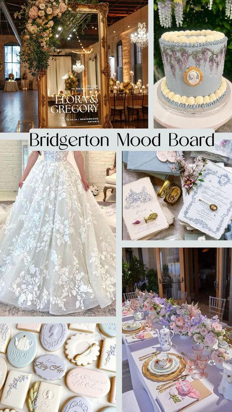 Gentle Dearest Reader, step into Regency-era elegance with our Bridgerton Wedding Mood Board. Discover lush florals, vintage attire, and timeless decor for a wedding worthy of the Ton. Explore our curated ideas and create a day straight out of a Bridgerton ball!" Bridergton Wedding Theme, Wedding Cake Bridgerton, Regency Blue Wedding, Bridgerton Reception, The Queens Ball: A Bridgerton Experience, Bridgerton Ball, Bridgerton Wedding, Vintage Attire, Timeless Decor