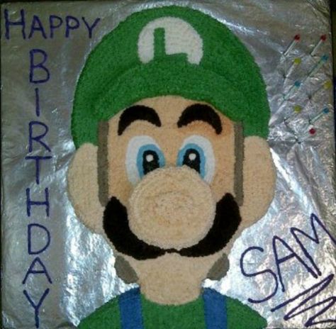 All chocolate cake iced with vanilla swiss meringue buttercream. Luigi Birthday Cake, All Chocolate Cake, Luigi Cake, Luigi Birthday, Barbie Doll Birthday Cake, Mario Birthday Cake, Buttercream Birthday Cake, Super Mario Bros Birthday Party, Mario Birthday Party