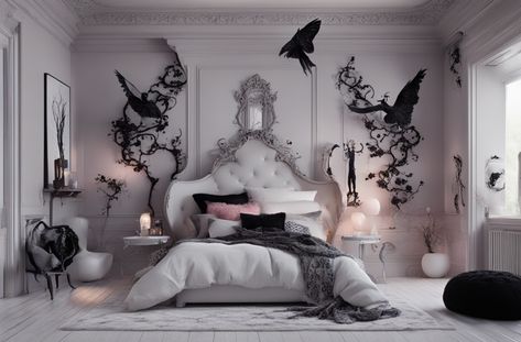 Far Out Whimsy Goth Bedroom Designs That’ll Freak Your Folks - DreamyHomeStyle White Gothic Bedroom, Pink And Black Bedroom Aesthetic, Pastel Goth Aesthetic Room, Goth Glam Decor, Goth Aesthetic Room, Goth Interior Design, Goth Bedroom Decor, Goth Bedroom Ideas, Goth Interior