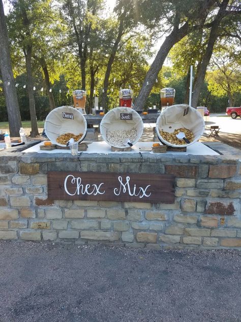 Wedding Chex Mix Bar, Salty Bar Wedding Snacks, Chex Mix Appetizer, Salty Snack Bar Wedding, Snack Bar Cocktail Hour, Ranch Cheesy Chex Mix Dixie Crystals, Wedding Snack Bar, Chex Party Mix, Gatsby Birthday Party