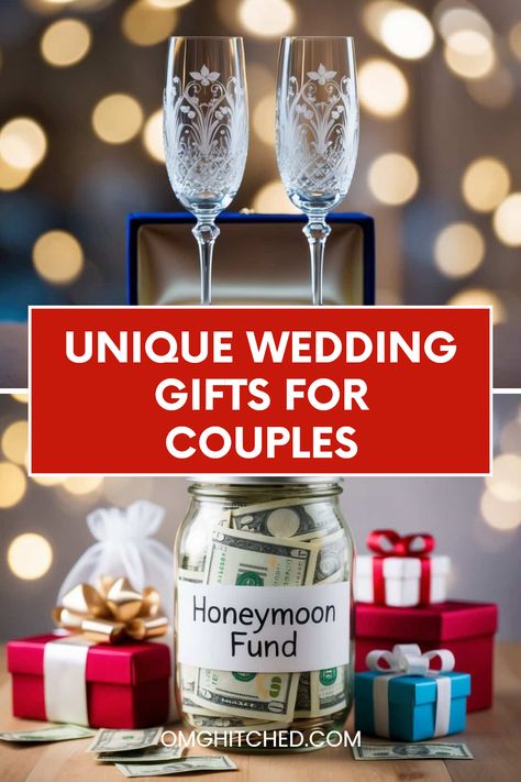 Looking for the best gifts to celebrate young couples at their wedding? We've got you covered with 7 thoughtful and unique ideas! Discover why a deluxe set of engraved champagne flutes or a “Honeymoon Fund” jar can make memorable presents. These creative options are perfect for helping newlyweds start their exciting journey together! You won’t believe how much they will love these personalized and meaningful gifts. Click to explore all 7 amazing wedding gift ideas that will truly make their special day shine! Marriage Gift Ideas, Honeymoon Fund Jar, Unique Wedding Gift Ideas, Engraved Champagne Flutes, Anniversary Gift For Friends, Uncommon Gifts, 50 Wedding Anniversary Gifts, Wedding Gift Ideas, Honeymoon Fund