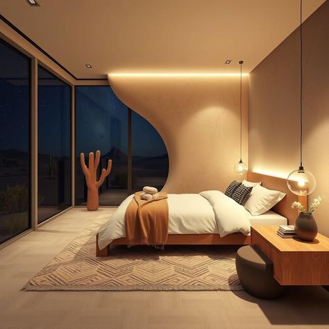 Craft a unique bedroom with floor-to-ceiling windows overlooking desert flowers that bloom at night. Enjoy rare nocturnal beauty. #NightBloomView #DesertBedroom 🌵 Dune Interior, Dune Style, Desert Bedroom, Desert Night, Unique Bedroom, Desert Flowers, Floor To Ceiling Windows, Design Bedroom, Ceiling Windows