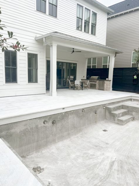 We're Building a Pool | The Process Pool With White Tile, White Waterline Pool Tile, Waterline Pool Tile Ideas, White Pool Tiles, White Pool Tile Waterline, Pool Tile Waterline, Pool Waterline Tile Ideas, White Waterline, Dark Bamboo Flooring