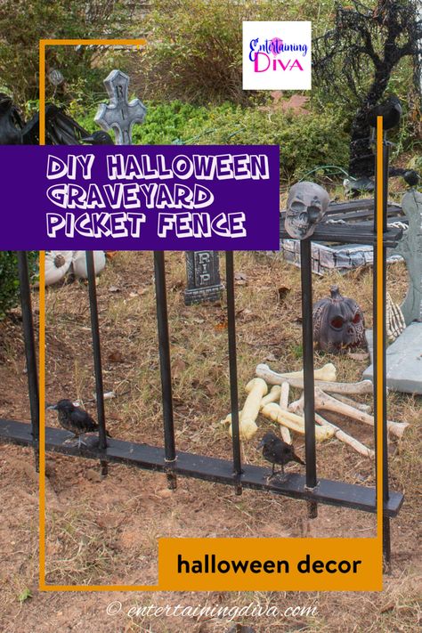 Get inspired by this super easy and spooky DIY Halloween cemetery picket fence. This is the most amazing Halloween outdoor decoration addition to your Halloween graveyard! Plus it is super affordable with using scrap wood and PVC pipe. Halloween Graveyard Fence, Diy Halloween Cemetery, Graveyard Fence, Diy Halloween Graveyard, Halloween Fence, Halloween Cemetery, Halloween Outdoor Decoration, Outdoor Halloween Decor, Different Shades Of Black