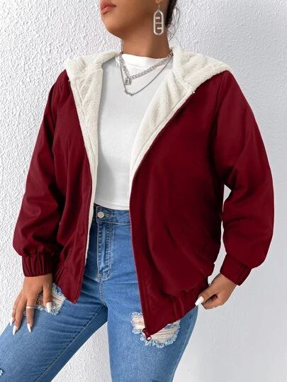 SHEIN X Jenicka Plus Zip Up Teddy Panel PU Leather Vest Jacket | SHEIN USA Plus Size Jackets, Leather Vest, Zipper Jacket, Long Sleeves Jacket, Kids Sleepwear, Red Jacket, Casual Jacket, All Fashion, Plus Clothing