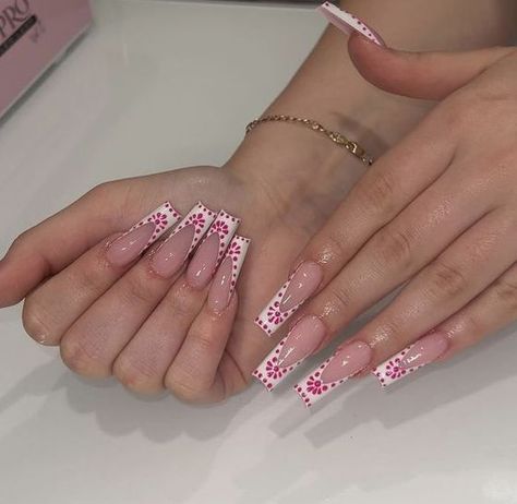 Pink Fresita Nails - Acrylic nails simple nails girly acrylic nails Pink Talavera Nails, Pink And White Square Nails, Pink Mexican Nails, Talavera Nails, Short Pink Acrylic Nails, White Square Nails, Nails Short Pink, Acrylic Nails Simple, Acrylic Nails Pink