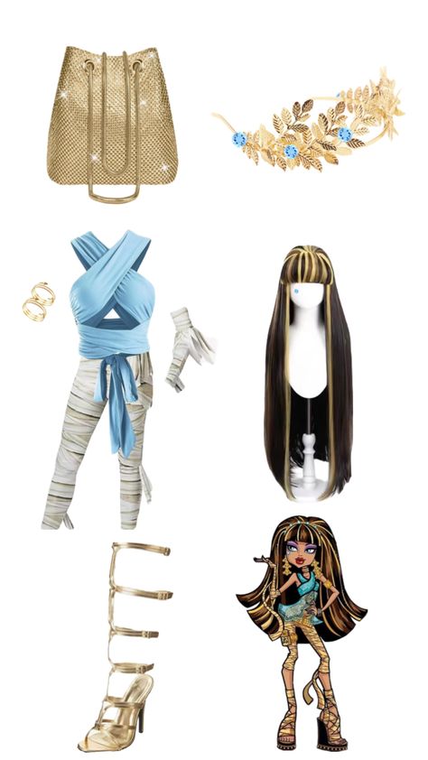 #cleodenile #monsterhigh #costume #cosplay #rave #outfit #coachella Cleo From Monster High Costume, Cleodenile Monster High Costume, Cleo Denile Monster High Costume, Cleo De Nile Halloween Costume Aesthetic, Monster High Halloween Costumes Cleo De Nile Gold Mummy Body Suit, Monster High