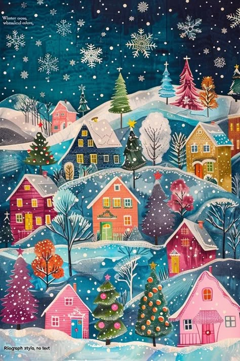 #WinterWonderland #ChristmasDecor #FestiveVibes #CozyCottages #WhimsicalArt #SnowflakeMagic #RisographArt #VibrantColors #HolidaySeason #WinterScene #ChristmasSpirit #ArtisticIllustration # Winter Illustration Art, Xmas Windows, Snow Illustration, Whimsical Houses, Winter Artwork, Paper Christmas Decorations, Boho Art Drawings, Phone Background Patterns, Winter Illustration