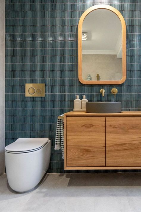 Modern coastal bathroom with a feature wall of kitkat tiles, a custom vanity and slimline toilet. Also featured is a Nood Co concrete basin and Meir Tapware. Kitkat Tiles, Porcelain Subway Tile, Bathroom Transformation, Porcelain Wall Tile, Modern Tiles, Porcelain Mosaic Tile, Feature Tiles, Boys Bathroom, Blue Space