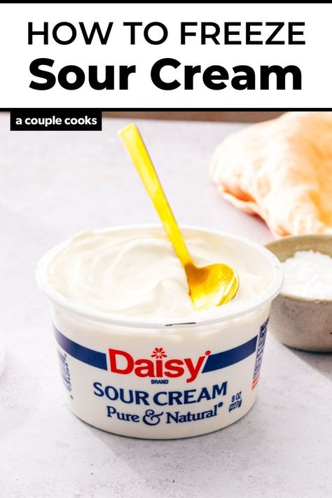 Wondering if you can freeze sour cream? Here’s what to know about long term storage of this creamy dairy ingredient. Freezing Sour Cream, How To Make Sour Cream From Cream, Can You Freeze Sour Cream, Substitution For Sour Cream, Diy Sour Cream Quick, Leftover Sour Cream, Sour Cream Pancakes, Dessert Recipes Cookies, Daisy Sour Cream