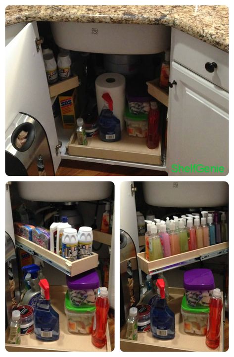 Optimize the space under your #corner #sink with strategically placed pull out #shelves. Sponges to the left, hand soaps to the right and dish detergents right there in the middle. Under Sink Shelves, Sink Organization Kitchen, Corner Kitchen Sink, Sink Organization, Kitchen Shelves Organization, Kitchen Sink Organization, Corner Storage Cabinet, Kitchen Sink Storage, Corner Sink Kitchen