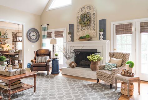 My Favorite Common Elements Of A Spring Mantel And Hearth Spring Fireplace, Above Fireplace Ideas, Above Fireplace Decor, Farmhouse Mantle Decor, Farmhouse Mantle, Farmhouse Mantel, Fireplace Living Room, Living Room Fireplace, Fireplace Mantle Decor