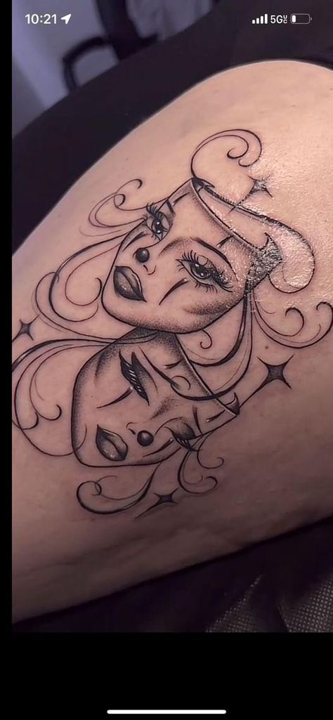 Double Face Tattoo Design, Double Mask Tattoo, Laugh Now Cry Later Tats Feminine, Smile Now Cry Later Tats Women, Masks Tattoo Design, Tattoos Of Women Faces, Smile Now Cry Later Tats, Mexican Inspired Tattoos For Women, Chicano Tattoos For Women