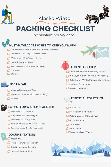 Heading to Alaska this winter? Make sure you're fully prepared with our Alaska Winter Packing List! From essential gear to stay warm to insider tips for navigating the cold, we’ve got everything you need. Plus, grab your FREE printable PDF checklist to make packing stress-free and organized!

#AlaskaWinter #PackingTips #AlaskaPackingList #WinterTravel #TravelChecklist Packing List For Alaska In September, Alaska In July Packing List, How To Plan A Trip To Alaska, Pack Alaska Cruise, Waterproof Boots Winter, Alaska Packing List, Alaska Winter, Winter Packing List, Winter Packing