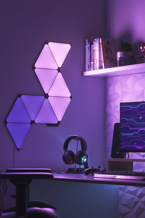 Nanoleaf Shapes Black Triangle Light Panels mounted in a gaming setup Nanoleaf Designs, Gamer Room Design, Nanoleaf Lights, Simple Bed Designs, Small Game Rooms, Best Gaming Setup, Gaming Space, Gaming Room Decor, Gamer Setup