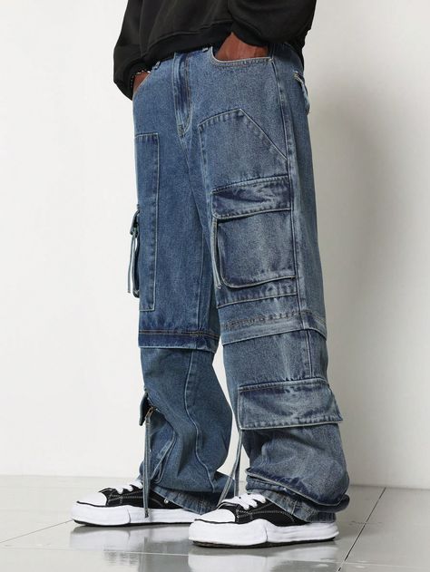 SUMWON Loose Fit Washed Multi Pocket Cargo Jean With Hidden Zipper Convertible To ShortI discovered amazing products on SHEIN.com, come check them out! Cargo Jeans Men, Short Azul, Long Sleeve Denim Jacket, Jeans Cargo, Jeans Casual, Belted Coat, Cargo Pants Men, Cargo Jeans, Inspiration Mode