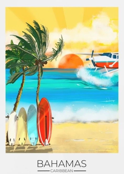 ~ Anonym Bahamas Beach, Bahamas Travel, Tourism Poster, Beach Illustration, Beach Signs, Illustrated Map, Beach Resort, Vintage Travel Posters, Vintage Travel