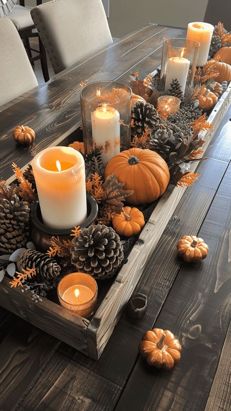 Tabletop Fall Decor, Work Desk Fall Decor, Fall Jar Filler Ideas, Fall Diy Table Decor, Diy November Decor, Masculine Fall Decor, Fall Trays Ideas, Pinecone Fall Decor, Fall Centerpiece Diy