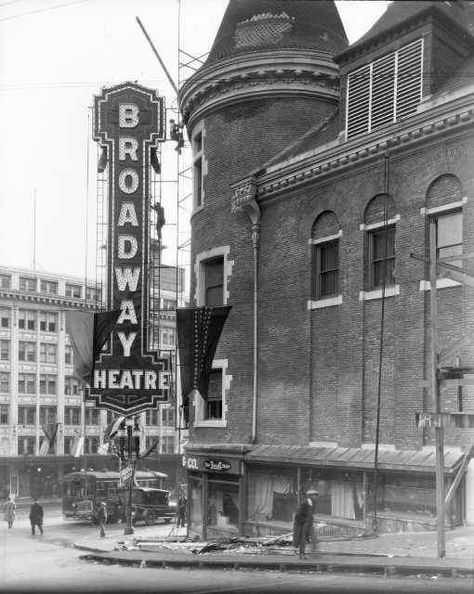 The Former Broadway Theater, Westside Of 9th & Broadway-1920's This theater opened in the 1880's/early 1890's as the the Tacoma Opera House. It changed owners & names numerous times, the last of which was the Music Box Theater. Unfortunately a fire broke out & destroyed the building in the mid 1960's. Babylon Costume, 1920s Broadway, Ghost Detective, Broadway Sign, Drowsy Chaperone, Theatre Games, Broadway Nyc, Set Decoration, Tacoma Washington