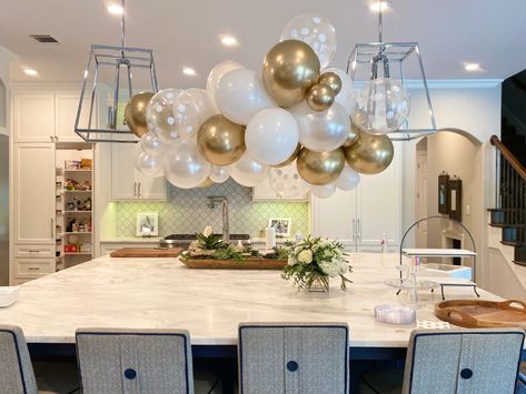 Balloon Garland Above Kitchen Island, Balloons Over Kitchen Island, Kitchen Island Party Decor, Kitchen Balloon Decoration, Kitchen Island Birthday Party Decor, Chandelier Over Island, Birthday Setup, Island Birthday, Balloon Chandelier