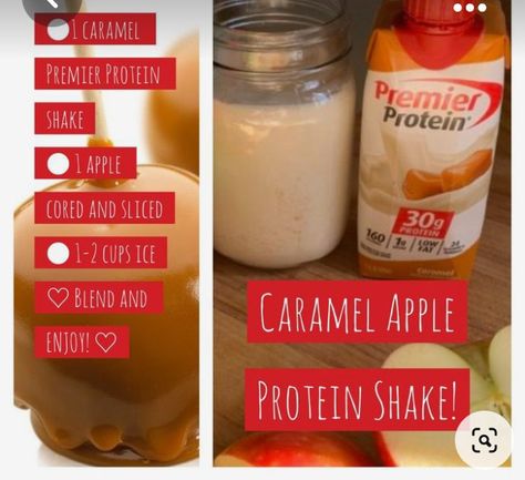 Premier Protien Smoothies Recipes, Butterfinger Premier Protein Shake, Premier Protien Smoothies, Premier Protein Recipes Caramel, Caramel Apple Protein Shake, Premire Protien Shake Smoothies, Premier Caramel Protein Shake Recipes, Premier Protein Shake Recipes Caramel, Premier Protein Caramel Recipes