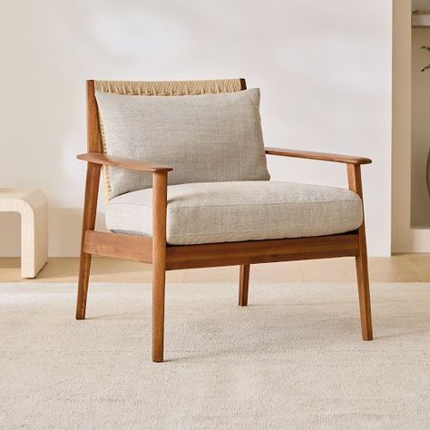 Modern Living Room Chairs | West Elm West Elm Chair, Upholstered Chairs Fabric, Fireplace Room, Wood Arm Chair, Mid Century Decor, Chair Style, Shop Chair, Chair Fabric, Walnut Finish