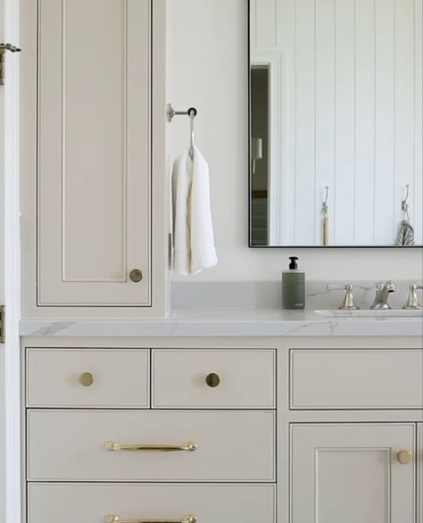 Off White Bathroom Vanity, Cream Bathroom Vanity, Off White Bathroom, Cream Vanity, Duplex Condo, Mom Bathroom, Cream Bathroom, White Bathroom Vanity, Farmhouse Scandinavian