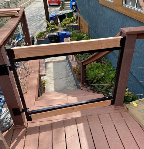 How To Build A Deck Gate With Easy To Source Materials - ManMadeDIY Building A Gate For A Deck, Deck Gate Diy, Diy Porch Gate, Deck Gate Ideas, Cable Railing Diy, Deck Gates, Building A Gate, Diy Gate, Porch Gate