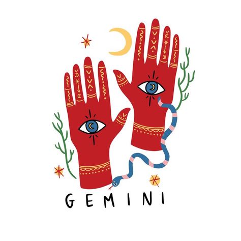 Illustration by Roxane Damidot Handprint Art Kids, December Projects, Gemini Art, Handprint Art, Zodiac Art, Gemini Zodiac, Sketchbook Art Inspiration, Star Signs, Art Sketchbook