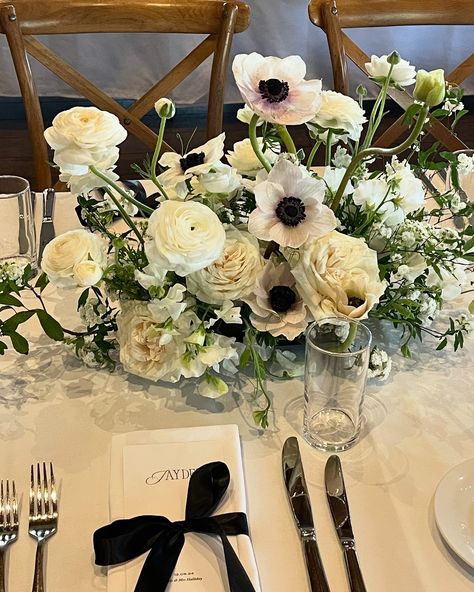 We incorporated Anemones and a little bit of luxe gardeny softness into Christie and Cru’s elegant, monochrome wedding 🖤 Can’t wait to share more from this special day! Wedding Flowers Alter, Anemone Centerpiece Table Arrangements, White Anemone Wedding Flowers, Anemone Flower Wedding Table, White Anemone Wedding Centerpiece, White Anemone Centerpiece, Anemone Centerpiece, Monochrome Wedding, Anemone Wedding