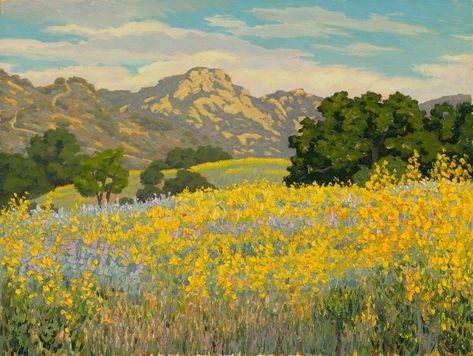 In this oil painting, I depicted a field of wild oats, Lupin, and Mustard flowers dotted by oak trees and set against the slopes of Topanga Canyon. This area is known as Musch Meadows. The distant cliffs are an area locally known as Dragon Rock. Wild Oats, Mustard Flowers, Topanga Canyon, Oak Trees, With Meaning, Plein Air Paintings, Plein Air, Sale Artwork, Oats