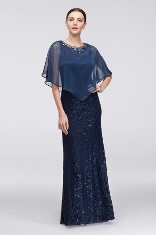 Topped with a crystal-embellished sheer chiffon capelet, this sequined lace mermaid dress has just a hint of flare at the hemline for easy movement.  By Ignite  Two-piece ensemble  Polyester, nylon  Back zipper; fully lined  Spot clean  Imported  Also available in plus size Cocktail Dresses With Jackets, Chiffon Capelet, Dresses Mother Of The Groom, Petite Gowns, Mother Of The Groom Gowns, Lace Mermaid Dress, Mob Dress, Chiffon Halter Dress, Two Piece Gown