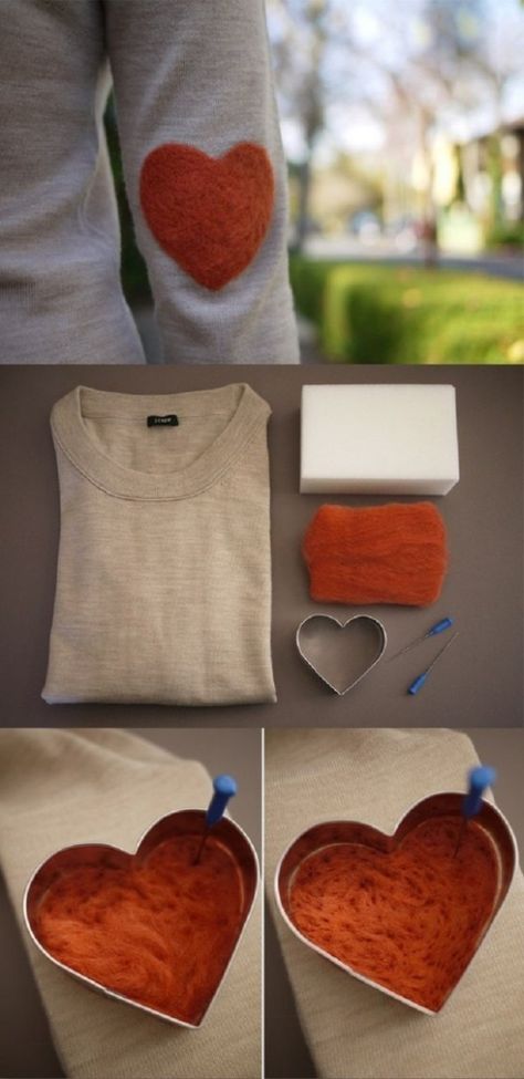 This idea for needle felting heart shaped patches would be just the thing to do for your Valentine’s Day outfit or to give to your Valentine. For 14 more fun fashion ideas from projects made … Diy Fashion Trends, Chic Winter Style, Diy Sweater, Sewing Easy Diy, Trendy Sewing, Felt Heart, Fashion Tutorial, Style Inspiration Winter, Create Diy