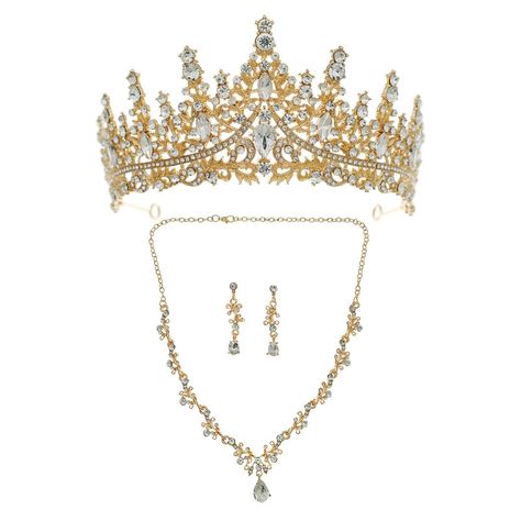 PRICES MAY VARY. LONG LASTING MATERIAL: the tiara with earrings is made by premium alloy and ECO FRIENDLY electroplating technology which makes the jewelry set durable and fancy. All rhinestones on the jewelry sets for women are top rank Austrian crystals which are clear and shiny. DESIGN: the jewelry symbolized statue of liberty crown. Baroque vintage crystal jewelry sets presents women’s power and beauty. All crystals are super sparkle. And the gold ryhinestones are perfect matching to the gol Tiaras Jewellery, Wedding Necklace Set, Rhinestone Jewelry Set, Gold Baroque, Wedding Costume, Crystal Jewelry Sets, Bridesmaid Accessories, Bridesmaid Jewelry Sets, Earrings And Necklace