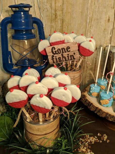 Fishing Themed Snacks Parties Food, Oreo Bobbers, Fishing Party Snack Ideas, The Big One Fishing Birthday Party, First Birthday Themes For Boys Fishing, Fishing 30th Birthday Party, Fishing Themed 50th Birthday Party, Fish Fry Birthday Party, Ofishally Two Birthday Cake